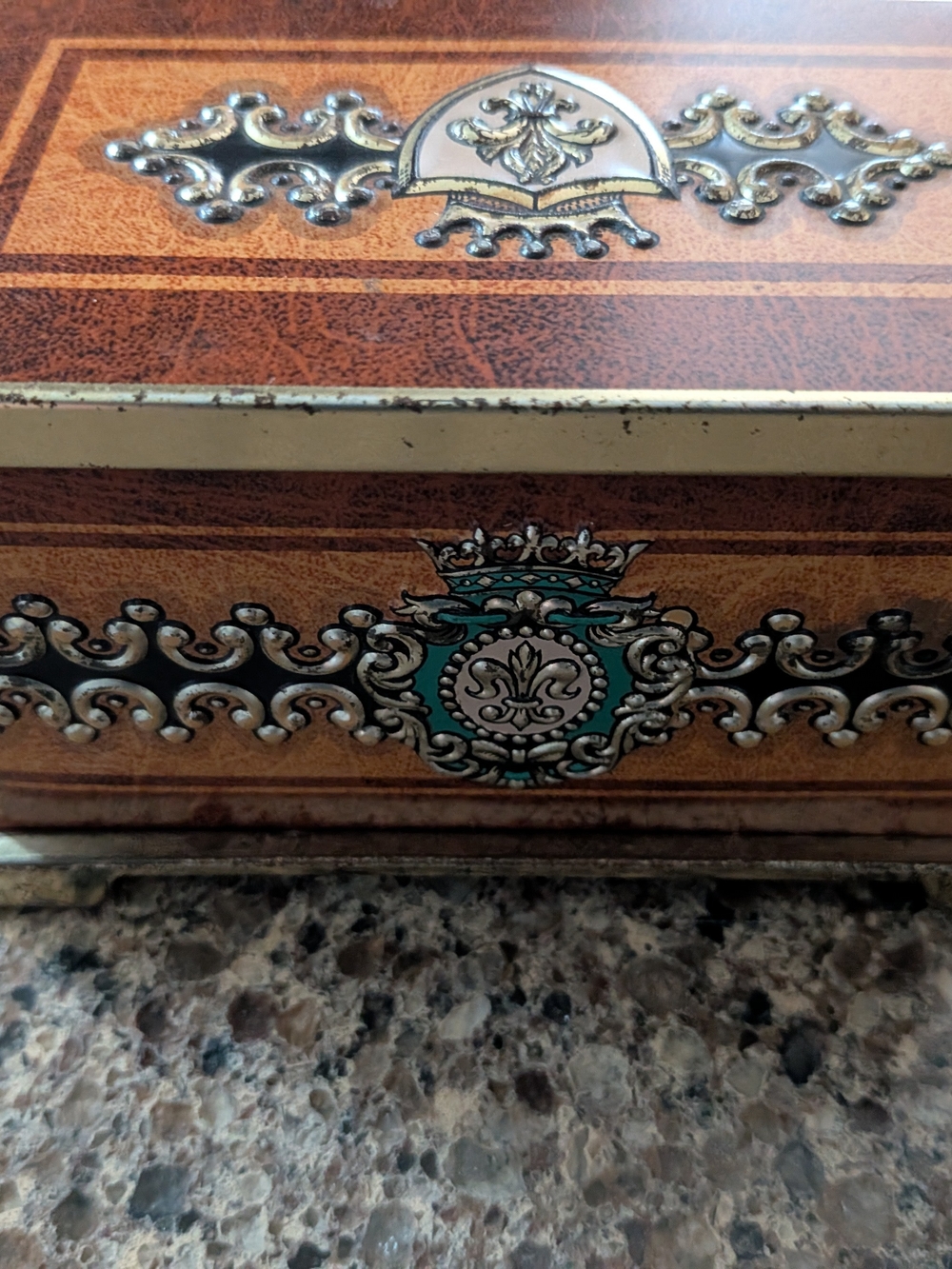 Vintage Ornate Blue Bird Style Tin Container Faux-Leather French Royalty Design